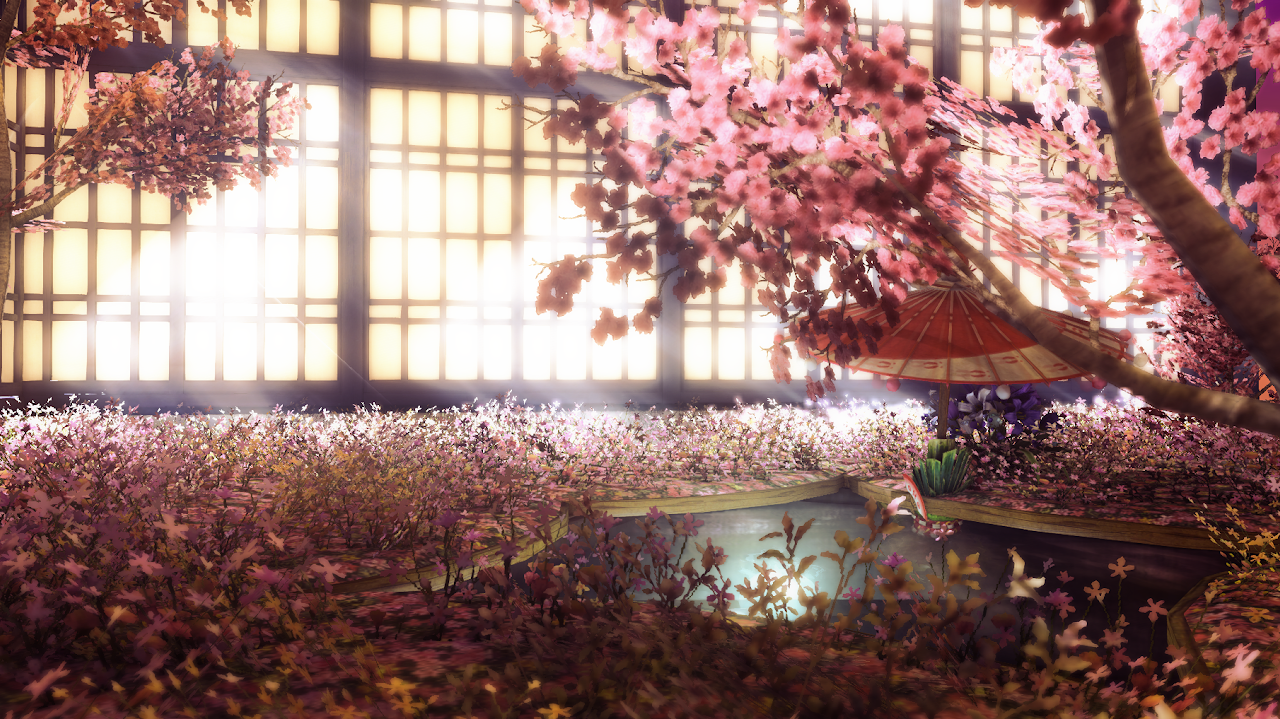 Ghoul Hanging Garden pink blossoms and pond