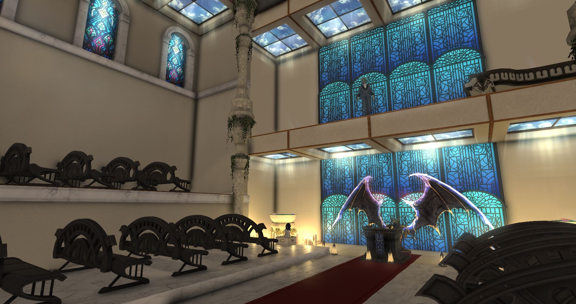 Ghoul Mega Church sanctuary with pews and blue stained glass
