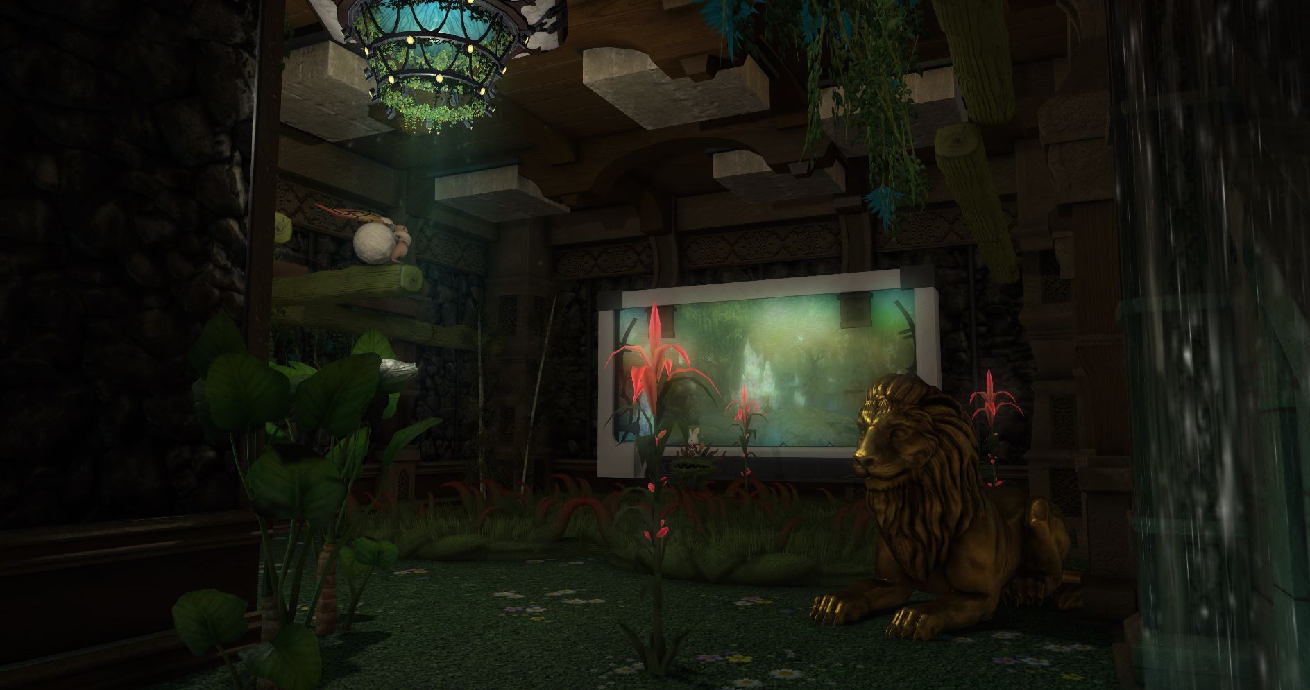 Ghoul Safari indoor jungle with a lion statue and waterfall
