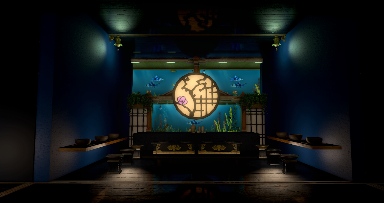 Ghoul Ryotei private dining room with aquarium wall