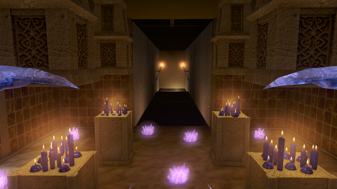 Ghoul Shrine candlelit corridor with purple crystals